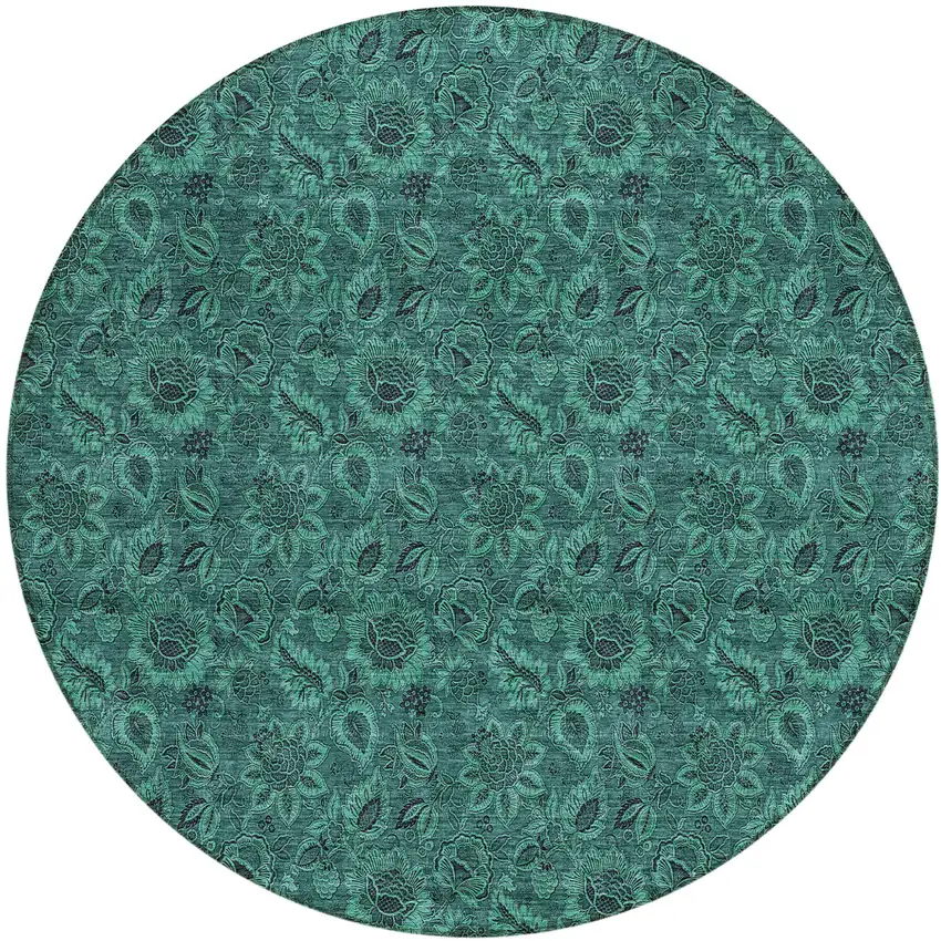 8' Teal Blue Green And Charcoal Round Floral Washable Indoor Outdoor Area Rug Photo 1