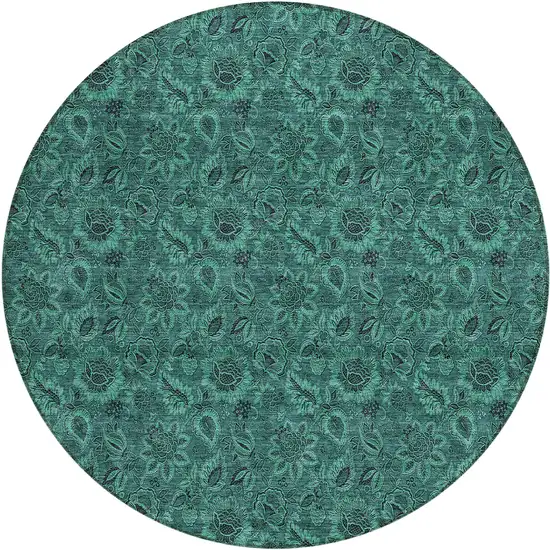 8' Teal Blue Green And Charcoal Round Floral Washable Indoor Outdoor Area Rug Photo 1