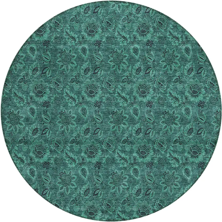 8' Teal Blue Green And Charcoal Round Floral Washable Indoor Outdoor Area Rug Photo 1
