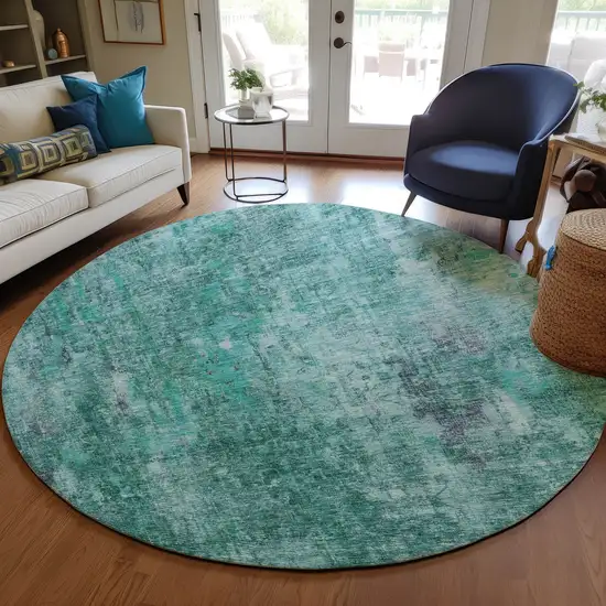 8' Teal Blue Green And Gray Round Abstract Washable Indoor Outdoor Area Rug Photo 6