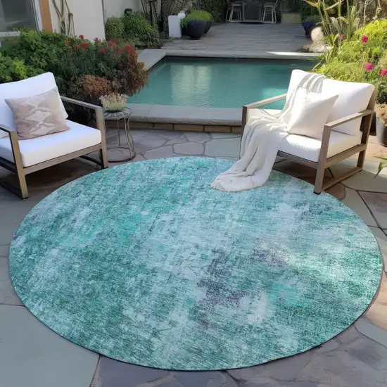 8' Teal Blue Green And Gray Round Abstract Washable Indoor Outdoor Area Rug Photo 5