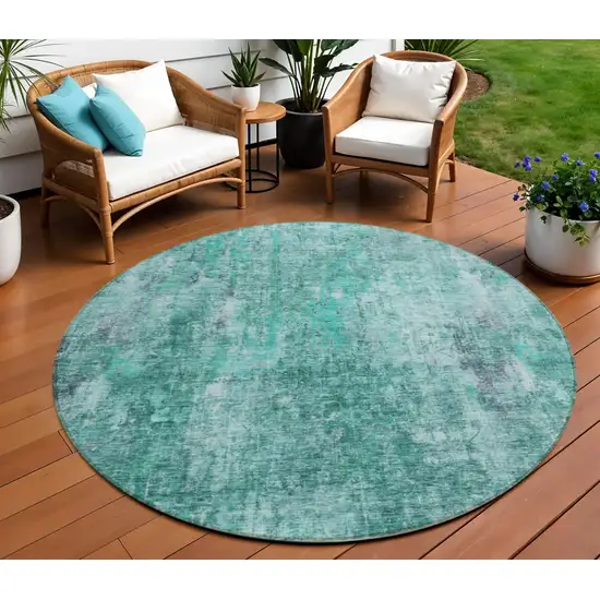 8' Teal Blue Green And Gray Round Abstract Washable Indoor Outdoor Area Rug Photo 1