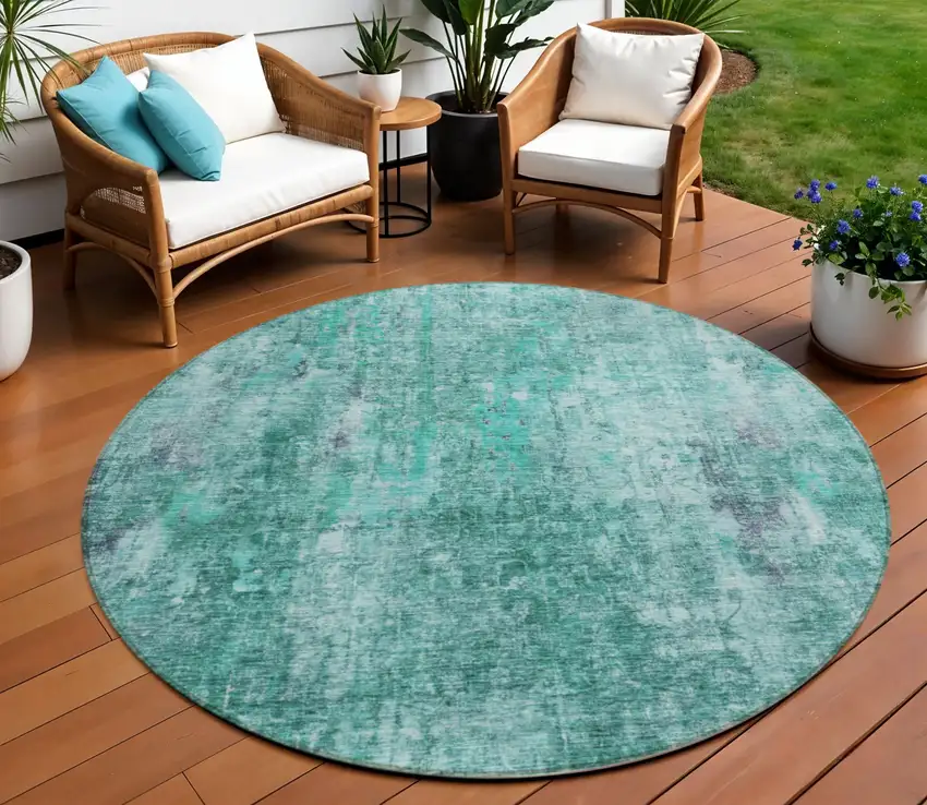 8' Teal Blue Green And Gray Round Abstract Washable Indoor Outdoor Area Rug Photo 1