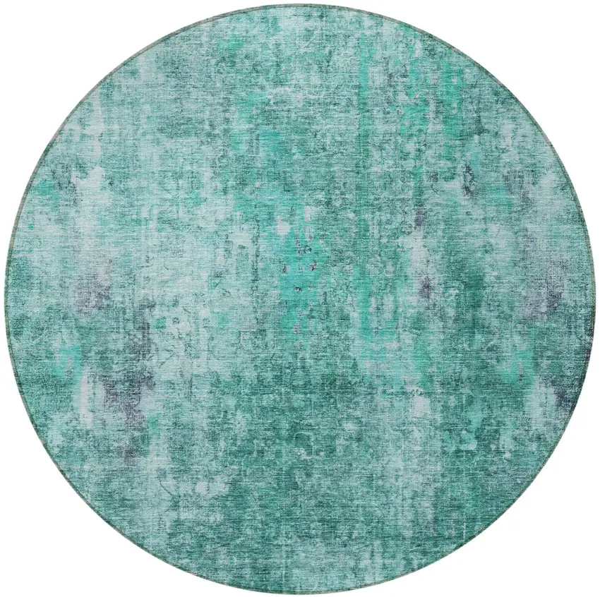 8' Teal Blue Green And Gray Round Abstract Washable Indoor Outdoor Area Rug Photo 4
