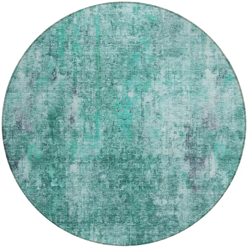 8' Teal Blue Green And Gray Round Abstract Washable Indoor Outdoor Area Rug Photo 2