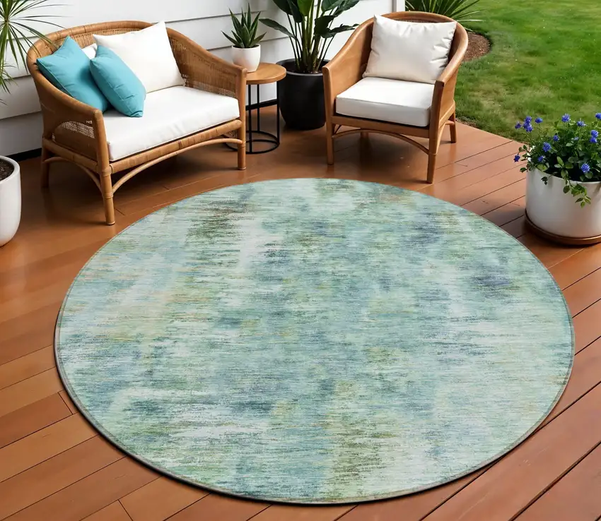 8' Teal Blue Green And Ivory Round Abstract Washable Indoor Outdoor Area Rug Photo 1