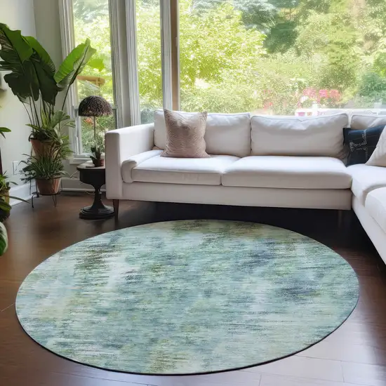 8' Teal Blue Green And Ivory Round Abstract Washable Indoor Outdoor Area Rug Photo 7