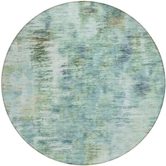 8' Teal Blue Green And Ivory Round Abstract Washable Indoor Outdoor Area Rug Photo 2