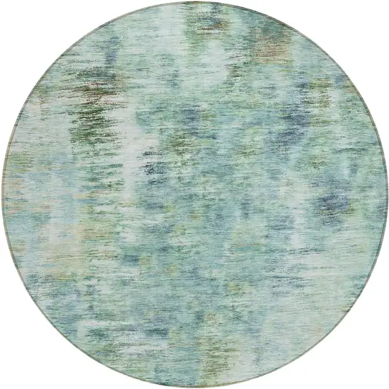 8' Teal Blue Green And Ivory Round Abstract Washable Indoor Outdoor Area Rug Photo 2