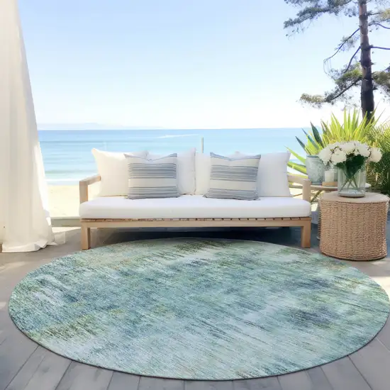 8' Teal Blue Green And Ivory Round Abstract Washable Indoor Outdoor Area Rug Photo 6