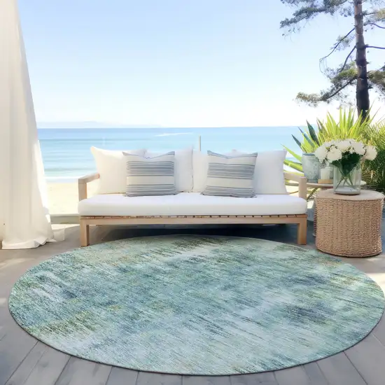 8' Teal Blue Green And Ivory Round Abstract Washable Indoor Outdoor Area Rug Photo 6