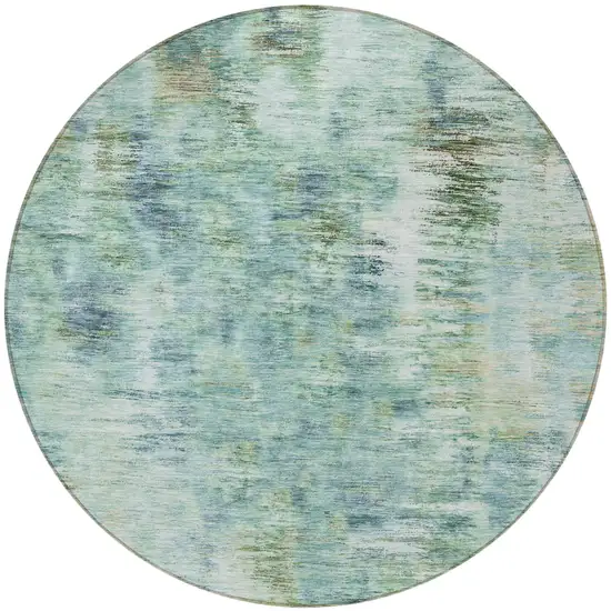 8' Teal Blue Green And Ivory Round Abstract Washable Indoor Outdoor Area Rug Photo 5
