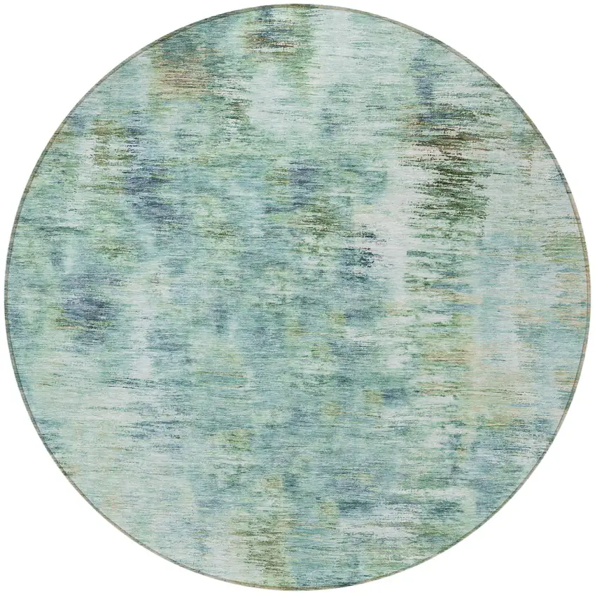 8' Teal Blue Green And Ivory Round Abstract Washable Indoor Outdoor Area Rug Photo 5