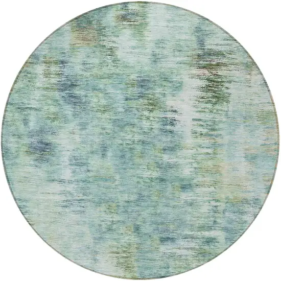 8' Teal Blue Green And Ivory Round Abstract Washable Indoor Outdoor Area Rug Photo 5