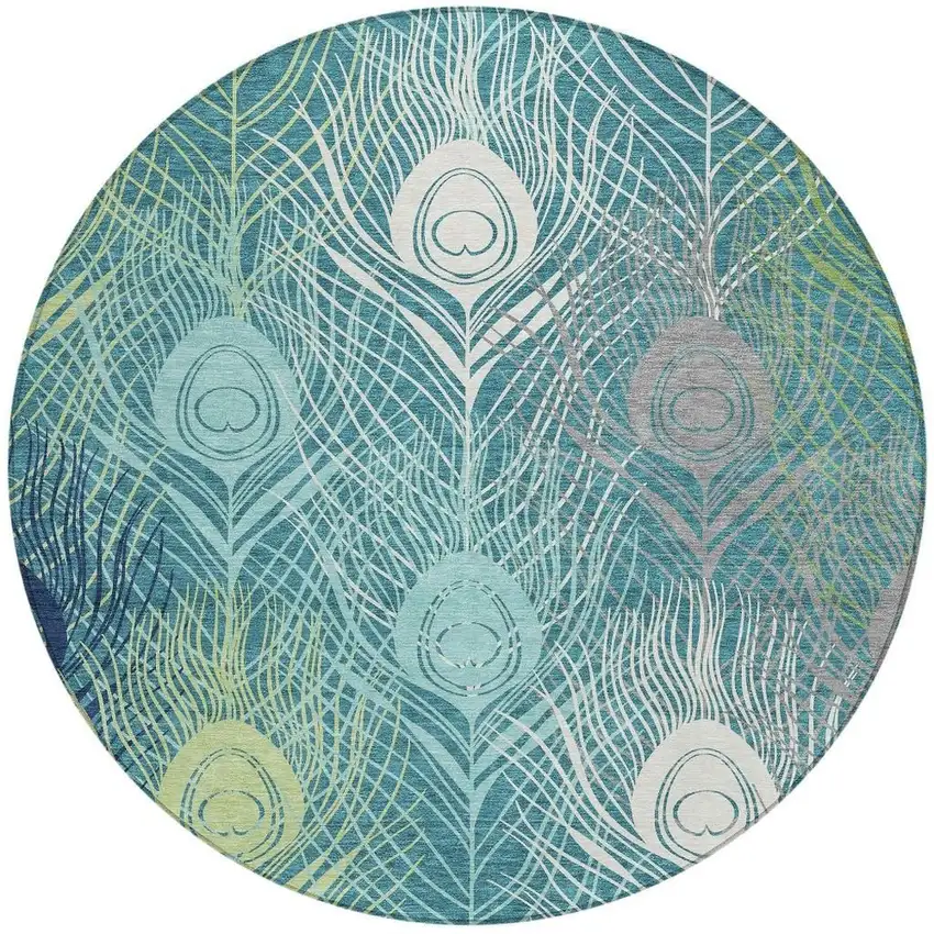 8' Teal Blue Green And Ivory Round Floral Washable Indoor Outdoor Area Rug Photo 5