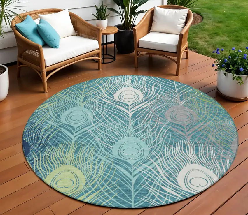 8' Teal Blue Green And Ivory Round Floral Washable Indoor Outdoor Area Rug Photo 1