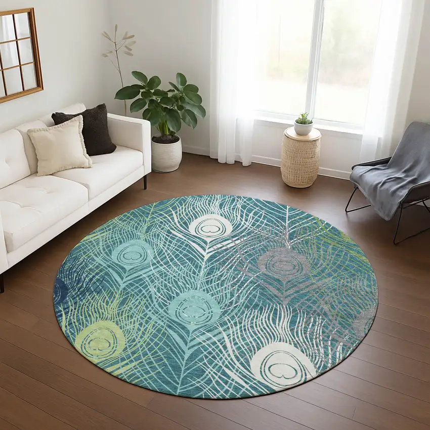 8' Teal Blue Green And Ivory Round Floral Washable Indoor Outdoor Area Rug Photo 9