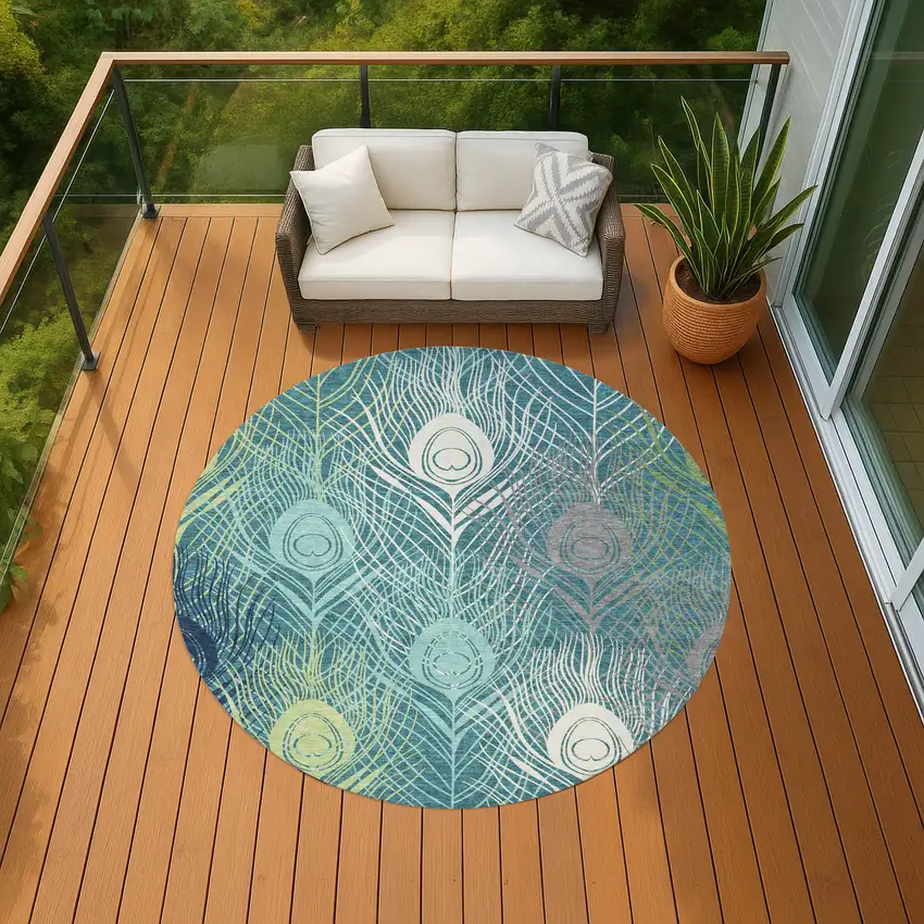 8' Teal Blue Green And Ivory Round Floral Washable Indoor Outdoor Area Rug Photo 8