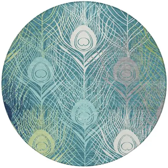 8' Teal Blue Green And Ivory Round Floral Washable Indoor Outdoor Area Rug Photo 3