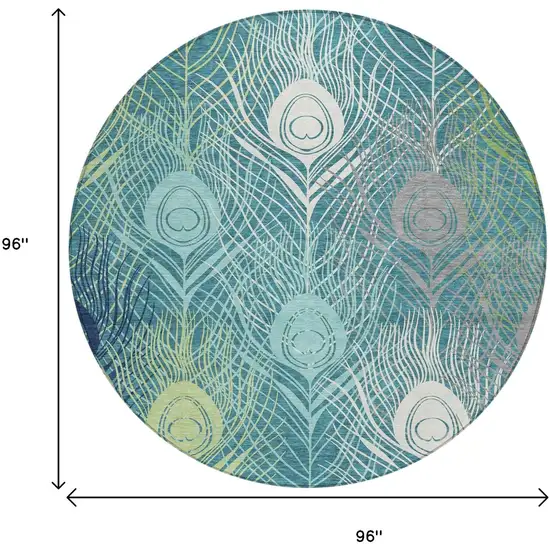 8' Teal Blue Green And Ivory Round Floral Washable Indoor Outdoor Area Rug Photo 3