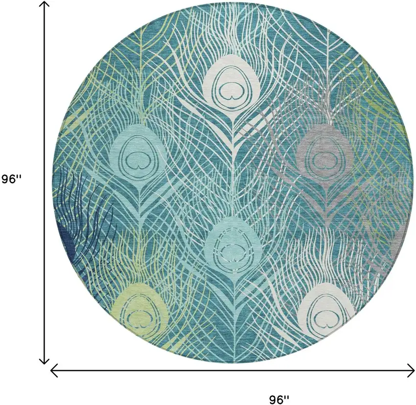 8' Teal Blue Green And Ivory Round Floral Washable Indoor Outdoor Area Rug Photo 3