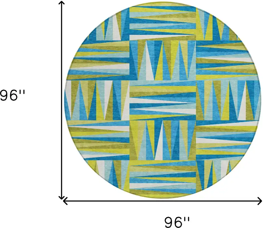 8' Teal Blue Green And Ivory Round Geometric Washable Indoor Outdoor Area Rug Photo 3