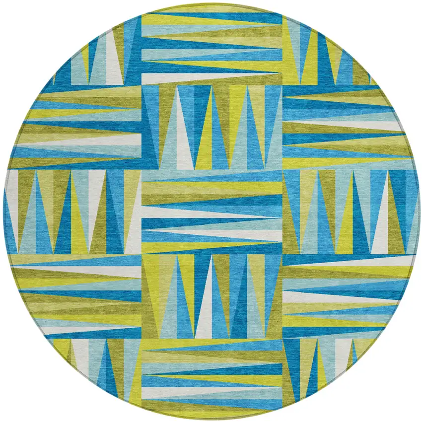 8' Teal Blue Green And Ivory Round Geometric Washable Indoor Outdoor Area Rug Photo 2