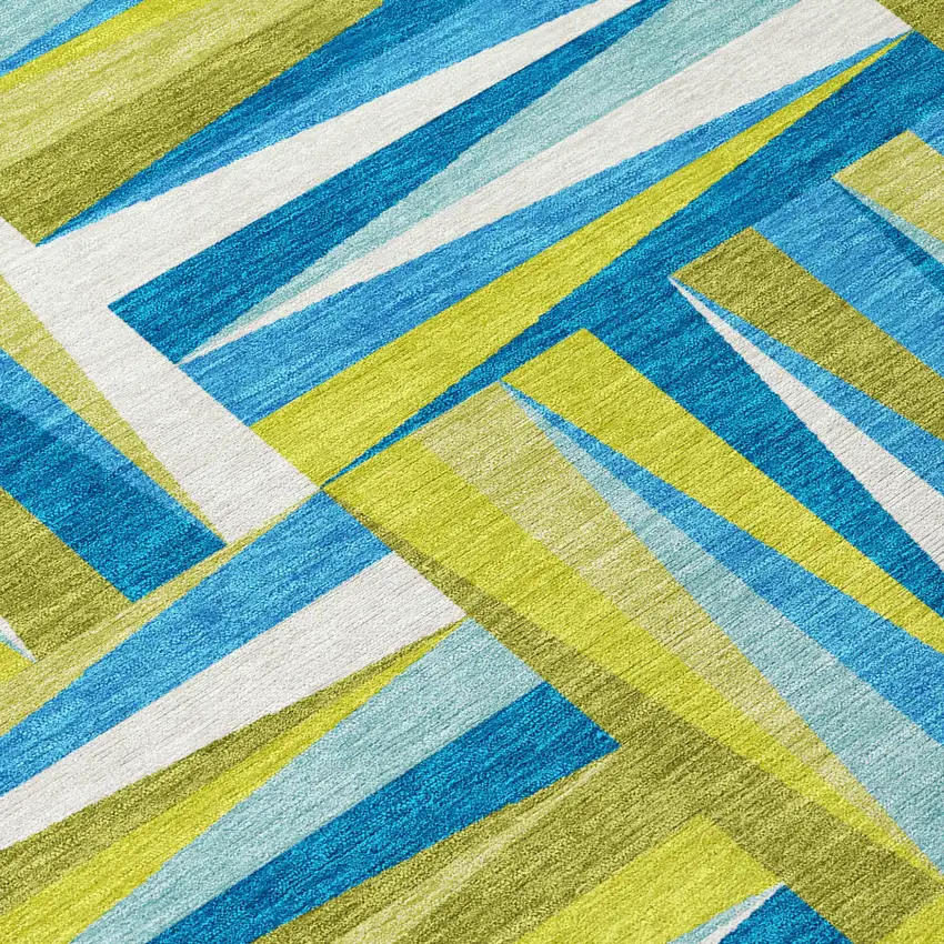 8' Teal Blue Green And Ivory Round Geometric Washable Indoor Outdoor Area Rug Photo 5