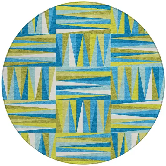 8' Teal Blue Green And Ivory Round Geometric Washable Indoor Outdoor Area Rug Photo 6