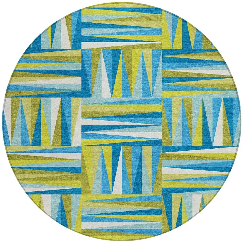 8' Teal Blue Green And Ivory Round Geometric Washable Indoor Outdoor Area Rug Photo 6