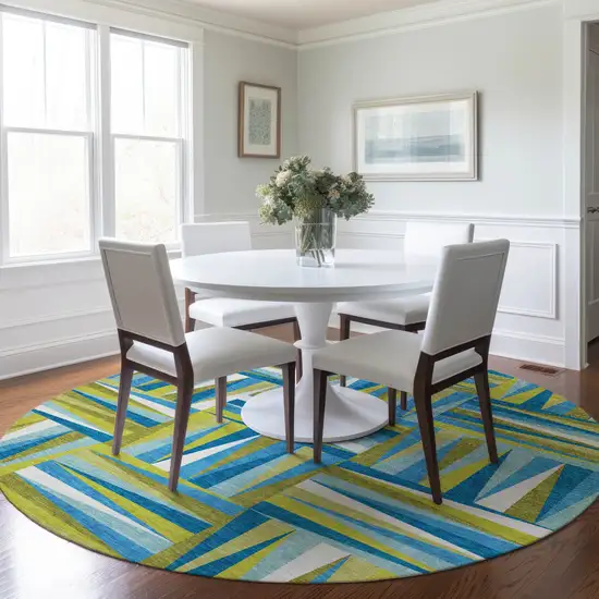 8' Teal Blue Green And Ivory Round Geometric Washable Indoor Outdoor Area Rug Photo 8