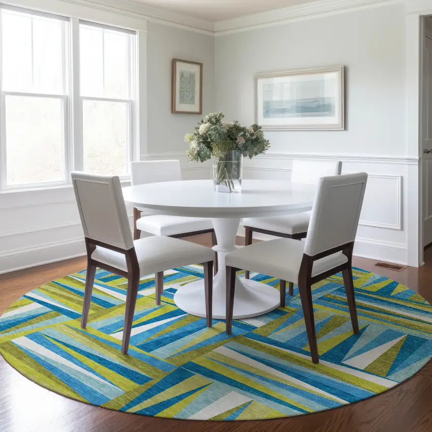 8' Teal Blue Green And Ivory Round Geometric Washable Indoor Outdoor Area Rug Photo 8