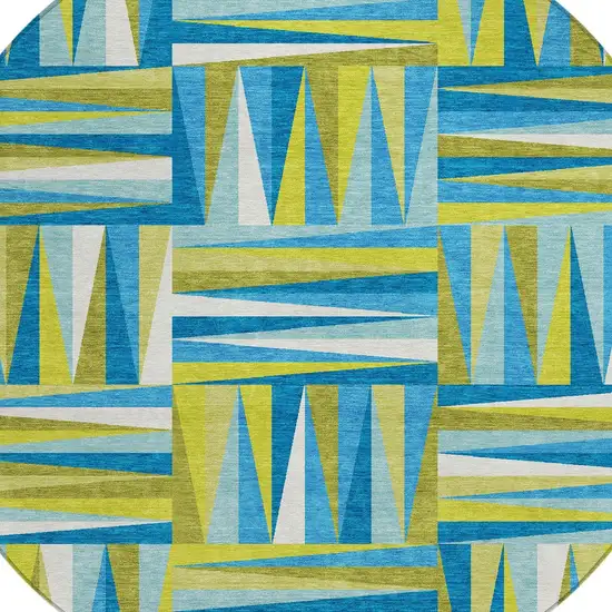 8' Teal Blue Green And Ivory Round Geometric Washable Indoor Outdoor Area Rug Photo 4