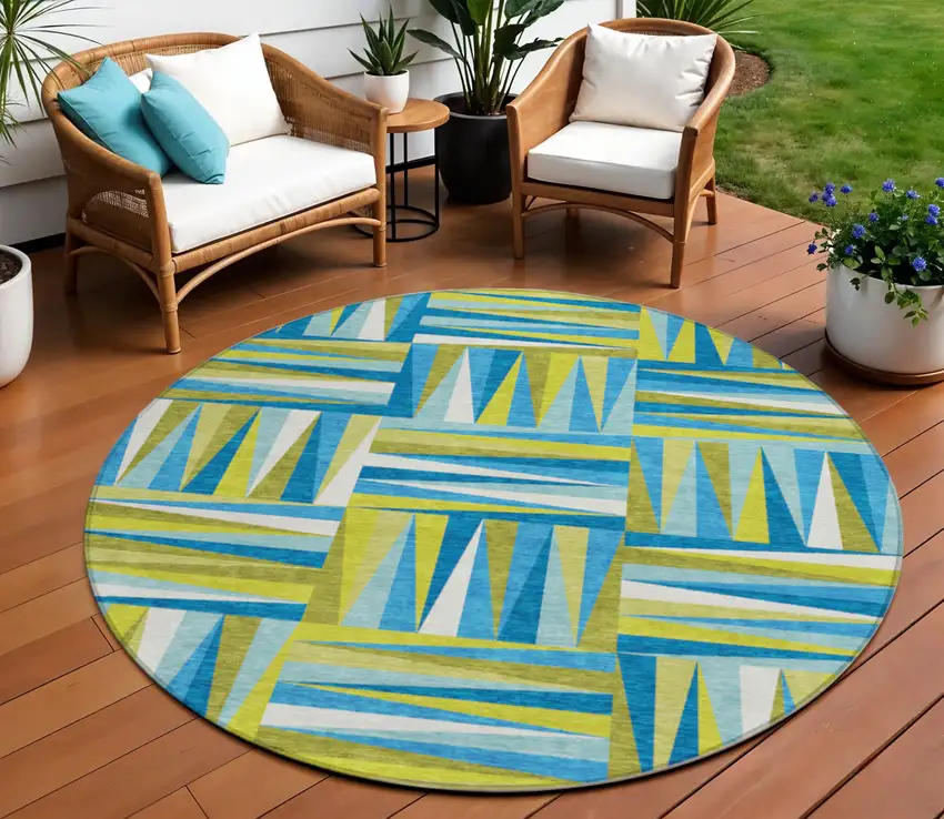8' Teal Blue Green And Ivory Round Geometric Washable Indoor Outdoor Area Rug Photo 1