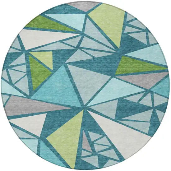 8' Teal Blue Green And Ivory Round Geometric Washable Indoor Outdoor Area Rug Photo 5