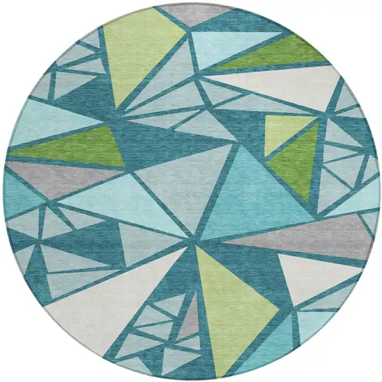 8' Teal Blue Green And Ivory Round Geometric Washable Indoor Outdoor Area Rug Photo 2