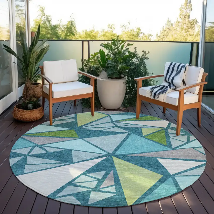 8' Teal Blue Green And Ivory Round Geometric Washable Indoor Outdoor Area Rug Photo 6