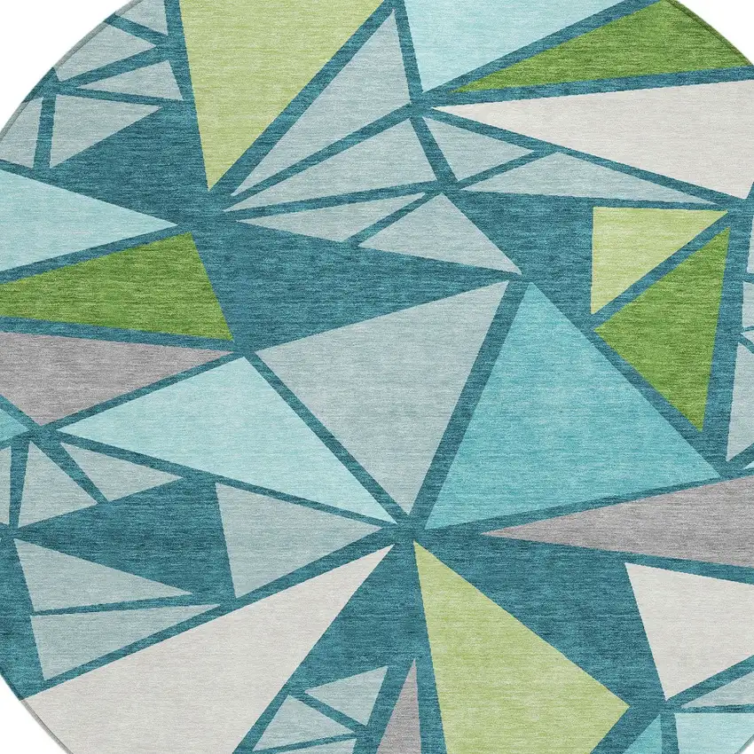 8' Teal Blue Green And Ivory Round Geometric Washable Indoor Outdoor Area Rug Photo 4