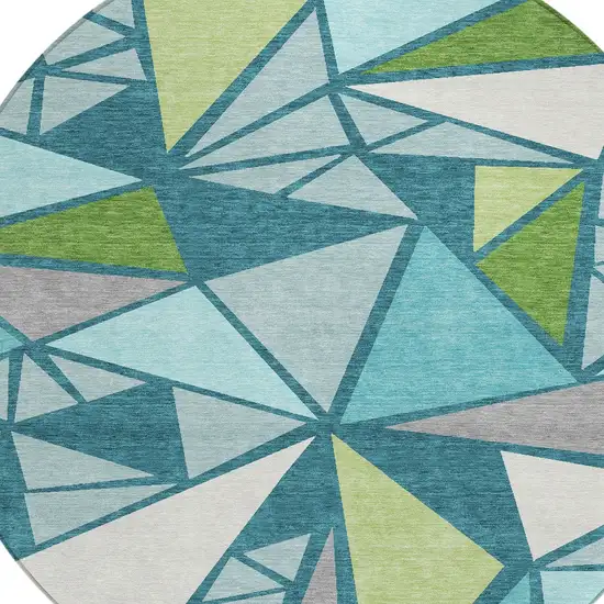 8' Teal Blue Green And Ivory Round Geometric Washable Indoor Outdoor Area Rug Photo 4