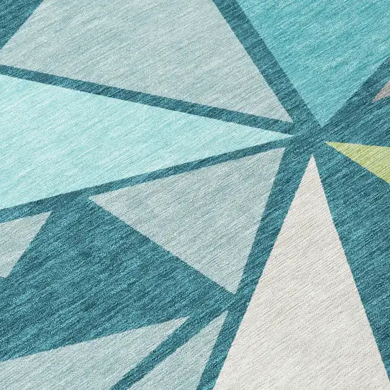 8' Teal Blue Green And Ivory Round Geometric Washable Indoor Outdoor Area Rug Photo 8