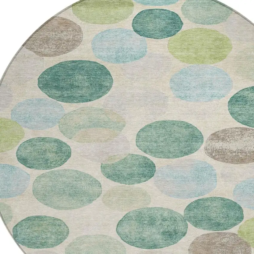 8' Teal Blue Green And Ivory Round Geometric Washable Indoor Outdoor Area Rug Photo 4