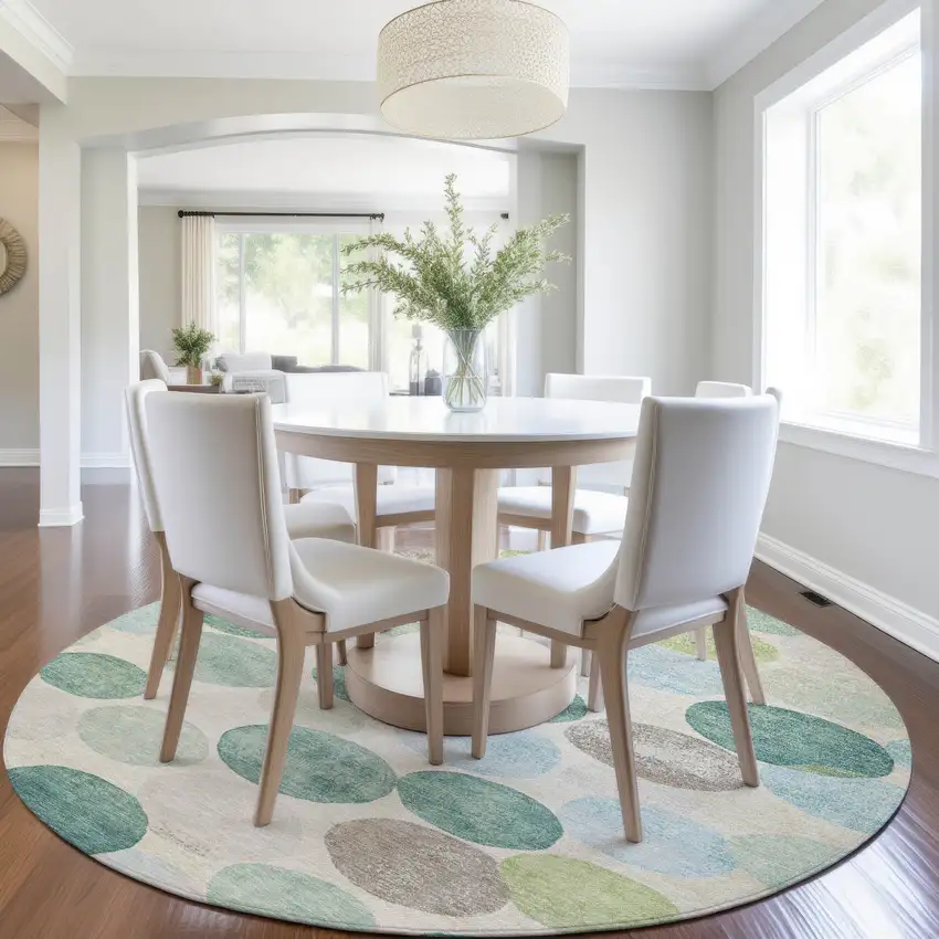 8' Teal Blue Green And Ivory Round Geometric Washable Indoor Outdoor Area Rug Photo 7