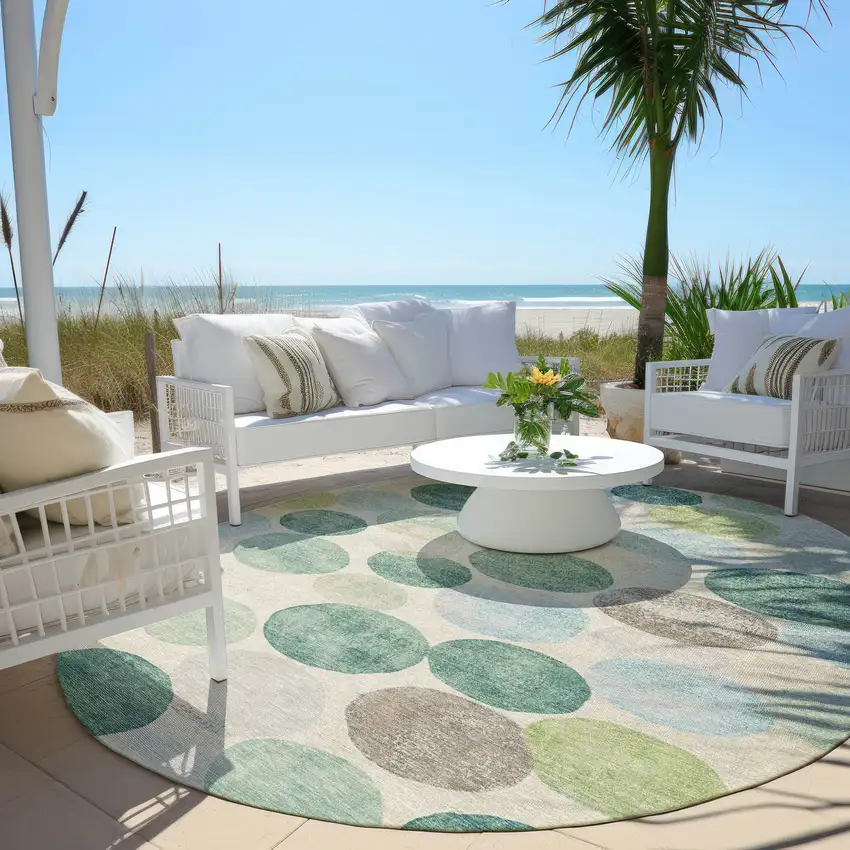 8' Teal Blue Green And Ivory Round Geometric Washable Indoor Outdoor Area Rug Photo 6