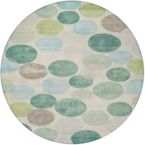 8' Teal Blue Green And Ivory Round Geometric Washable Indoor Outdoor Area Rug Photo 3