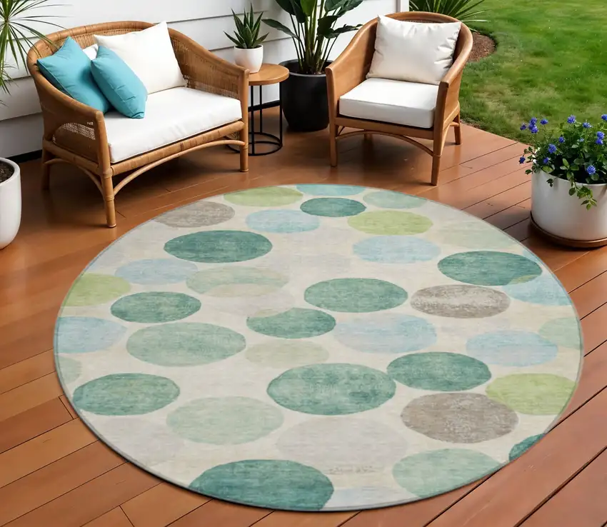 8' Teal Blue Green And Ivory Round Geometric Washable Indoor Outdoor Area Rug Photo 2