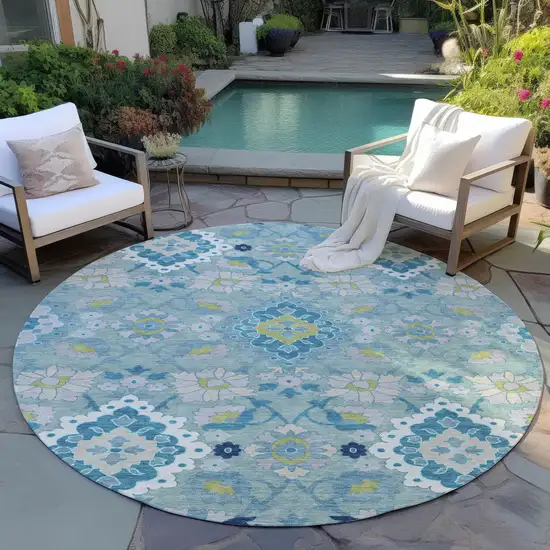 8' Teal Blue Green And Ivory Round Oriental Washable Indoor Outdoor Area Rug Photo 7
