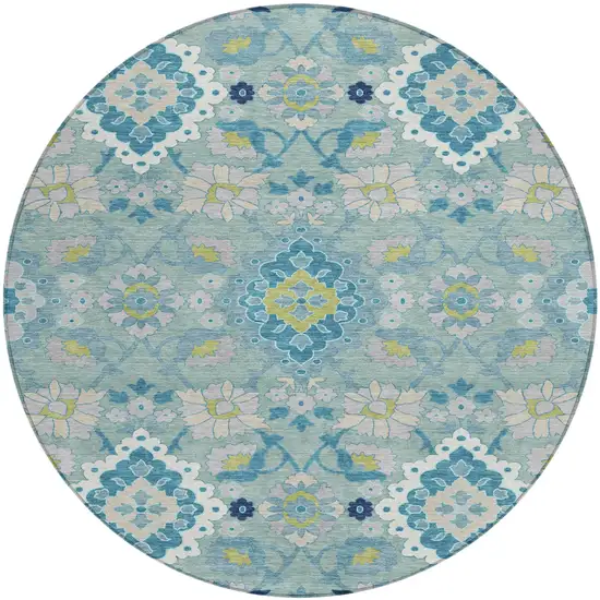 8' Teal Blue Green And Ivory Round Oriental Washable Indoor Outdoor Area Rug Photo 2