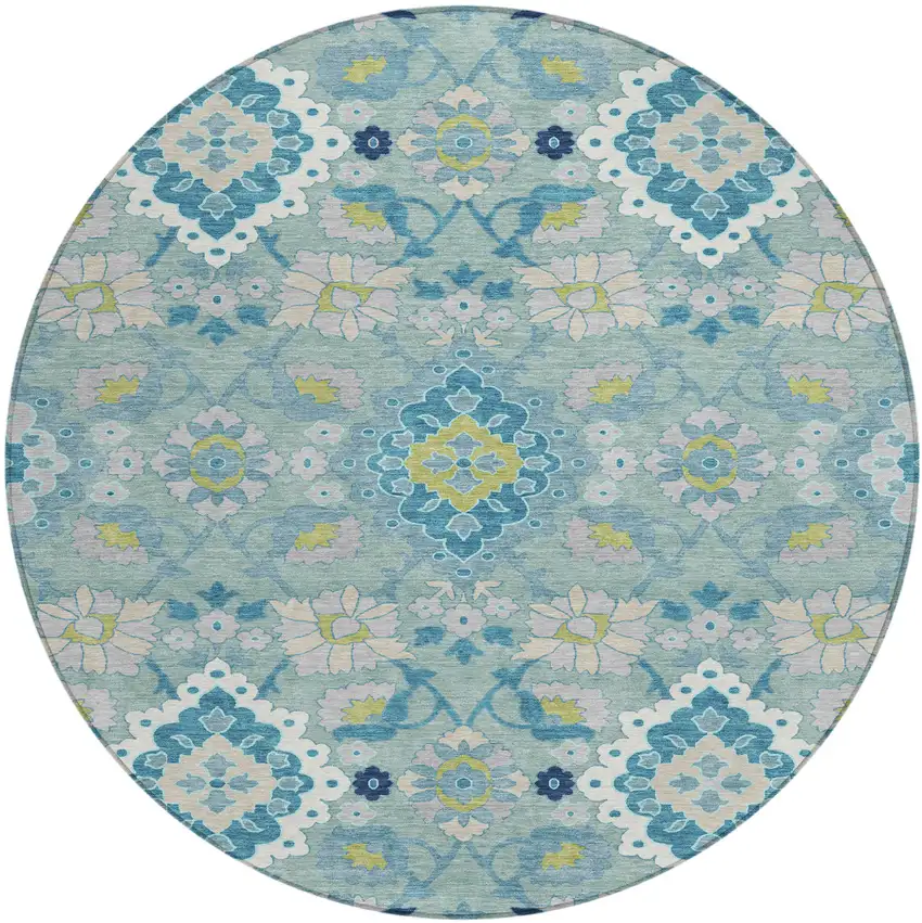 8' Teal Blue Green And Ivory Round Oriental Washable Indoor Outdoor Area Rug Photo 2