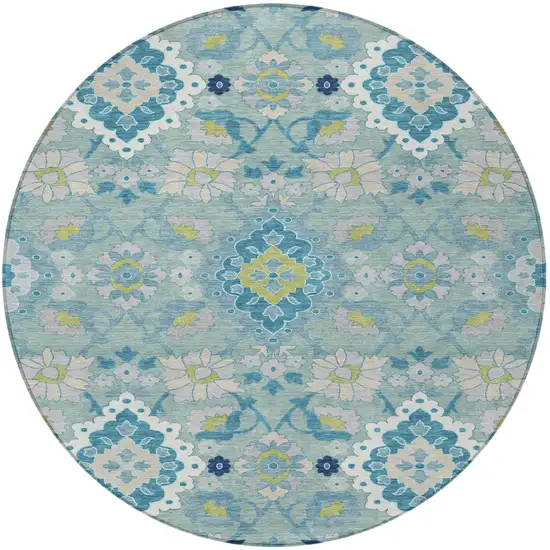 8' Teal Blue Green And Ivory Round Oriental Washable Indoor Outdoor Area Rug Photo 6