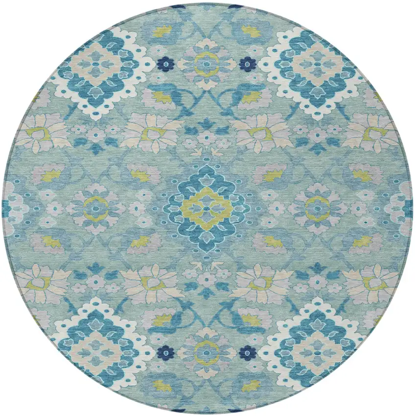8' Teal Blue Green And Ivory Round Oriental Washable Indoor Outdoor Area Rug Photo 6